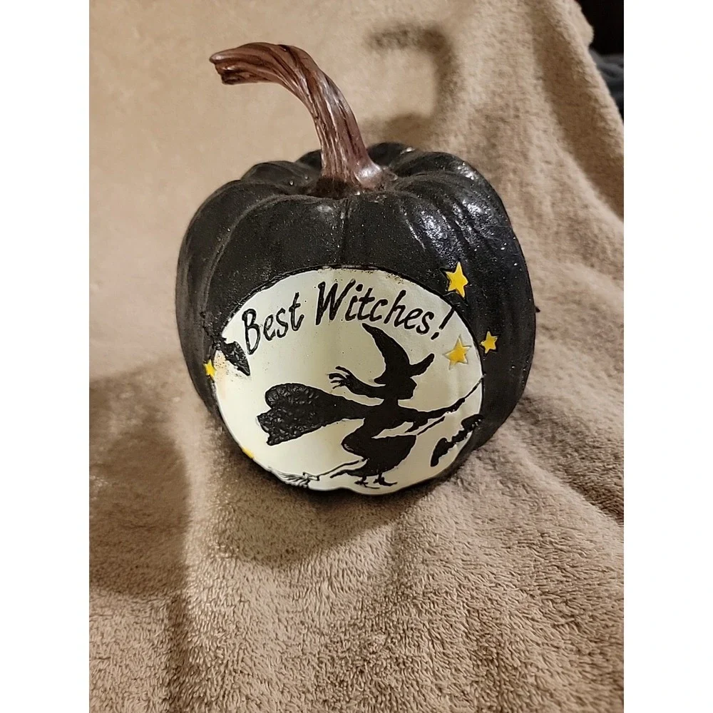Black Glitter Pumpkin Featuring Witch Flying In‎ Front Of Moon 